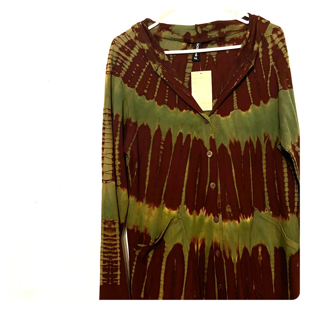 Long button up tiedye hooded cardigan!